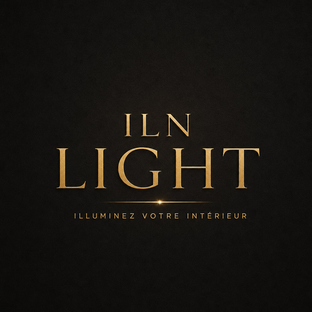 Logo "ILN LIGHT" en lettres dorées (#c5a15c) sur fond noir texturé, design élégant et minimaliste. L